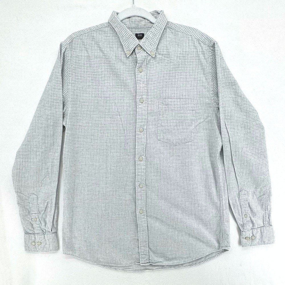 Uniqlo Button‎ Down Shirt Mens Large Gray White Grid Flannel Casual Workwear